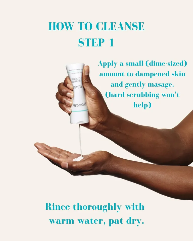Customer-story frame showing a person dispensing Proactiv cleanser into their hand