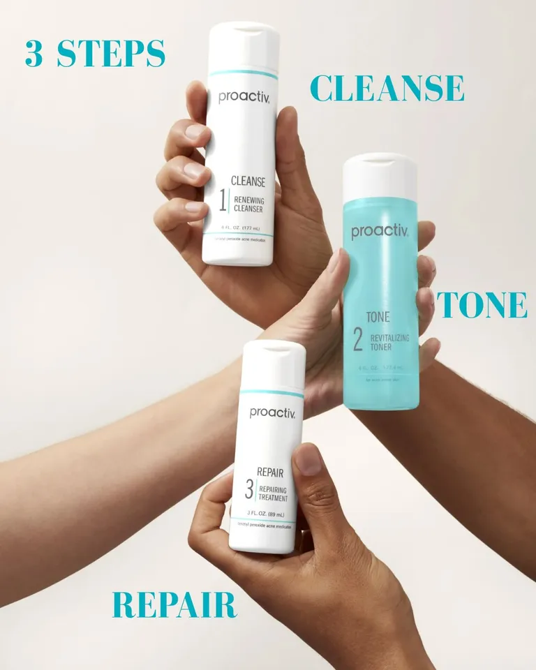 Customer-story frame showing several people holding Proactiv routine products